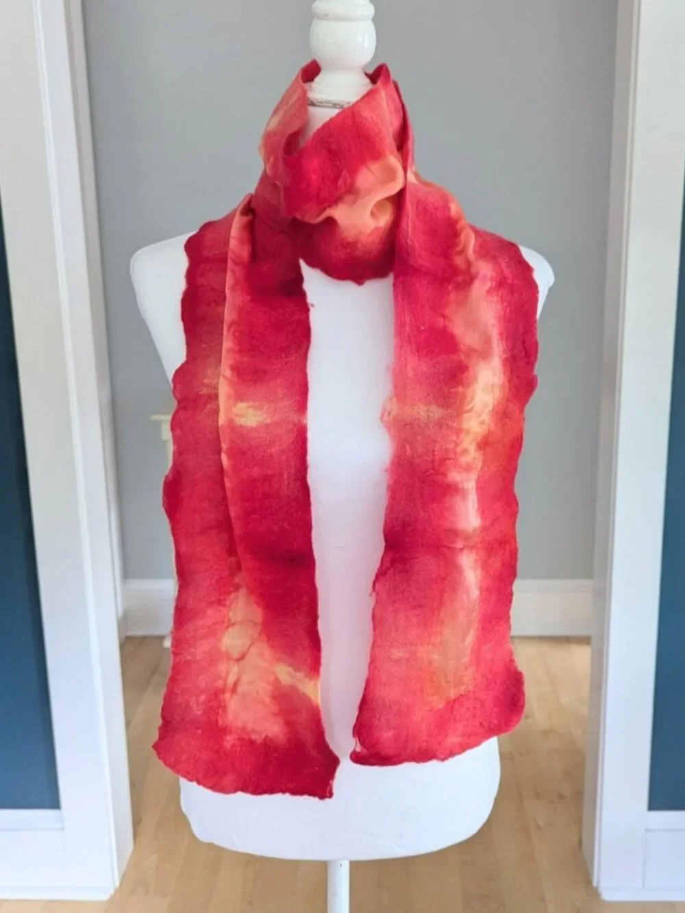 Handmade Wool Wet Felted and Silk Scarf Long OOAK Red Orange Yellow Boho